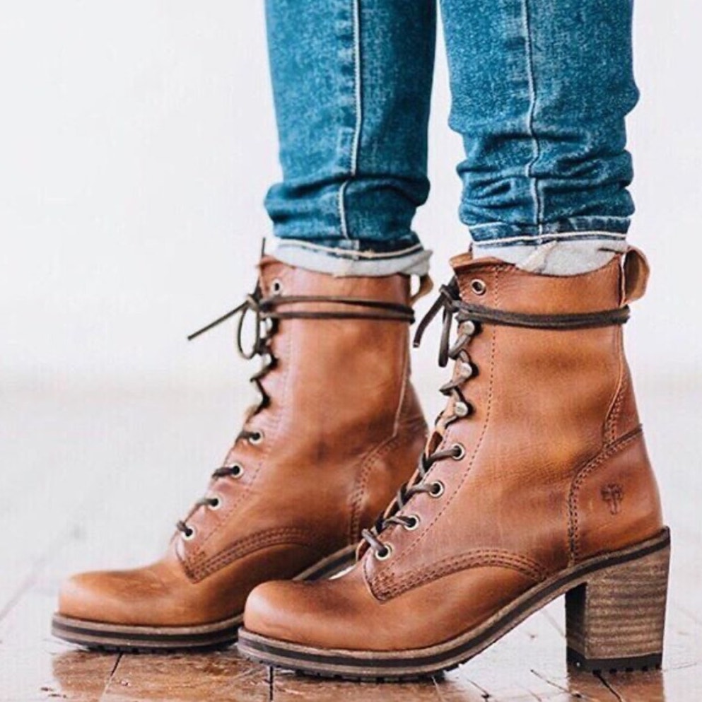 Frye Karen Lace Up Combat Boots Leather Cognac Block Heel 8.5
